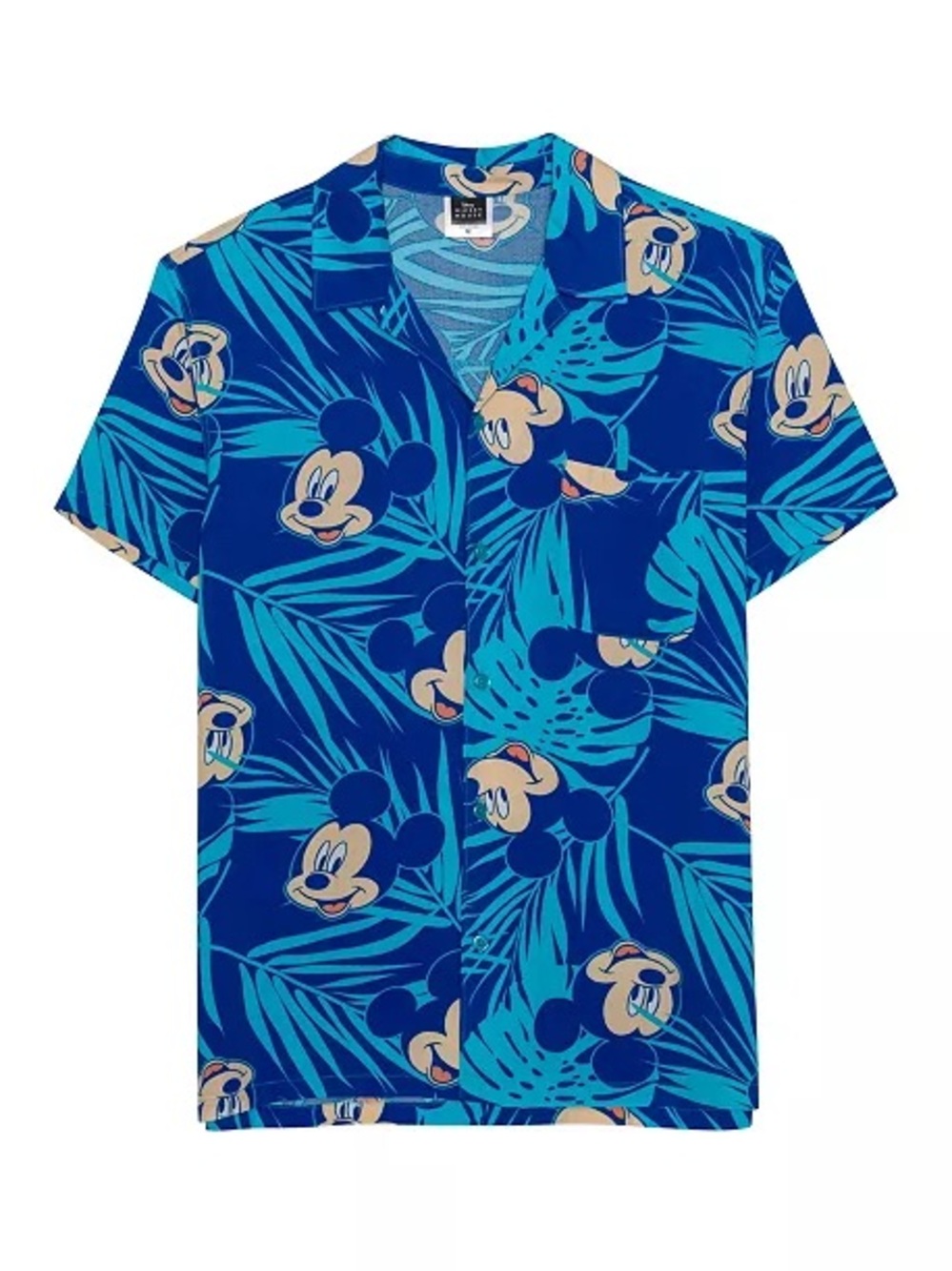 Mickey Mouse Short Sleeve Woven Shirt Tropical Palm Tree Men’s Size Large Blue